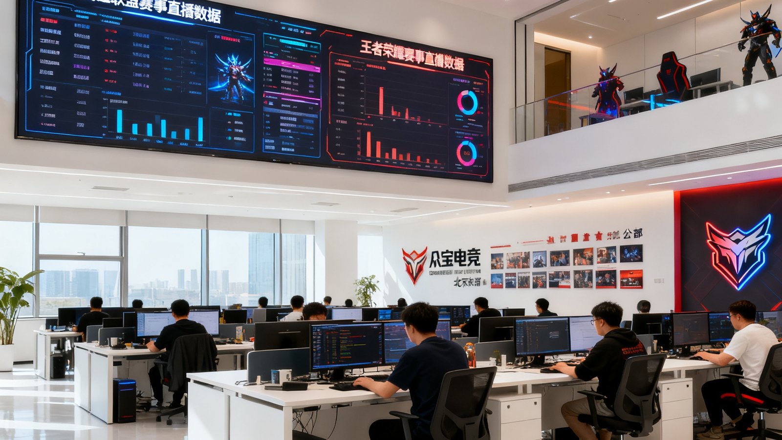 多宝电竞北京总部宽敞明亮的开放式办公区内，数十名工程师和运营人员正在专注工作，墙上悬挂着大型电子屏幕实时显示各项赛事直播数据，空间中点缀着电竞主题的装饰元素和公司发展历程展示墙。